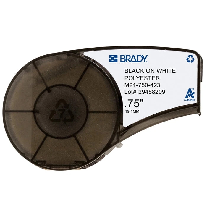 0.75″ wide tape, black text on white 0.75" wide tape