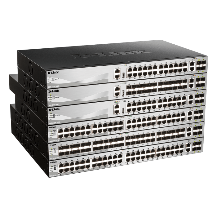 DGS-3130 Series – 24 x 10/100/1000BASE-T PoE ports (370W budget) Layer 3 Stackable Managed Gigabit Switch with 2 x 10GBASE-T ports and 4 x SFP+ ports